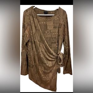 Citiknit Wrap Around Blouse Top, Artsy Geometric Print, Brown, Woman’s Size S